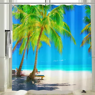 Vgzsyomqib Strand Duschvorhang 240x200 Extra Breit Anti Schimmel Wasserdicht für Badewanne Stoff Shower Curtains 3D Beige Insel Grün Palmen Blau Ocean Motiv Duschvorhänge Waschbar Textil