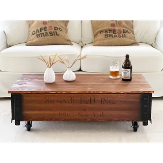 Uncle Joe ́s Couchtisch mit Stauraum | Roosevelt Truhentisch Truhe mit Deckel | Vintage Möbel | Massiv-Holz Kiefer | Nussbaum Braun | 58T x 100B x 31H cm