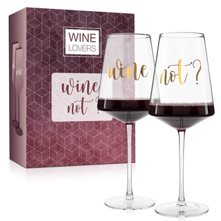 ILP 2er Weinglas 750ml Set XXL Weinglas Geschenkset Wein Geschenk mit witzigem Weinglas Spruch „Wine not?“ - Geschenkset Wein für Paare Frauen Männer