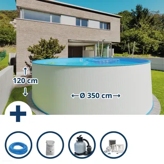 Stahlwandpool Set (6-teilig) hoch rund Malibu 350 x 120 cm, Stahl 0,4 mm weiß