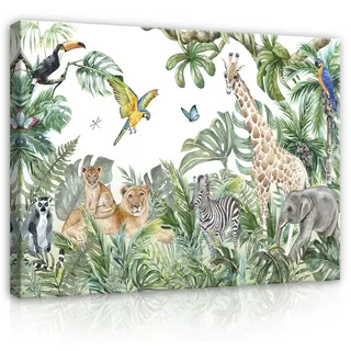 Wallarena Leinwandbild Kinderzimmer Jungen Dschungel Tiere Wandbild XXL Leinwandbilder Modern, Tiere im Dschungel (Einteilig), Aufhängefertig 80 cm x 60 cm