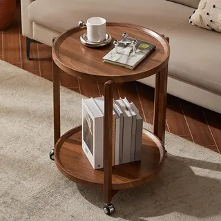 ZGFOZJGC Runder Beistelltisch mit 2 Ebenen, Holz-Beistelltisch mit Rollen, Nachttisch im Landhausstil, Kleiner Nachttisch, rustikaler Vintage-Couchtisch, Couchtisch für Wohnzimmer, Schlafzimmer, Waln