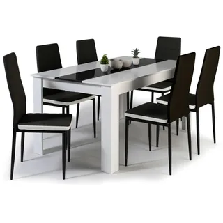 IDMarket - Set aus Esstisch Georgia 140 cm weiß und schwarz und 6 Stühlen Romane schwarz mit weißer Umrandung