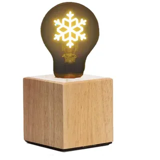meineWunschleuchte Tischlampe Würfel Holz Eiche 9x9cm mit Deko Glühbirne Schneeflocke
