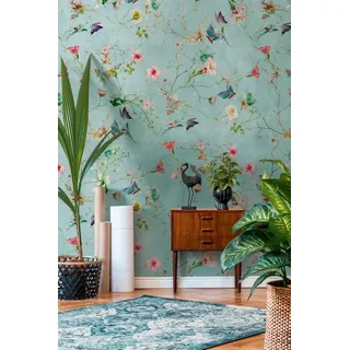 Newroom Vliestapete Helena Tapete Wandbild Blumen,Blätter,Schmetterlinge, [ 2,8 x 1,59 m ] großzügiges Motiv - kein wiederkehrendes Muster - nahtlos große Flächen möglich - Fototapete Wandbild Blumen Blätter Schmetterlinge Made in Germany, Tapete blau