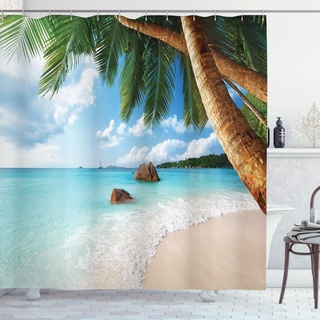 ABAKUHAUS Strand Duschvorhang, Exotische Palme Ozean, Stoffliches Gewebe Badezimmerdekorationsset mit Haken, 175 x 200 cm, Mehrfarbig