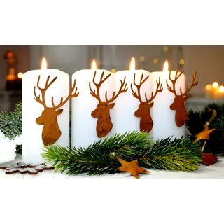 LB H&F Lilienburg Adventskerze 4er SET Kerzenpin Kerzenpic Verzierung Kerzen Kerze Advent (Adventsdeko Kerzenstecker Hirsch Geweih Weihnachtsdeko Verzierung für Kerzen individuell Rost Adventskerzen Adventskranz selber basteln gestalten machen SET HIRSCHKOPF) braun