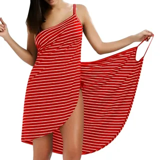 LumiSyne Strandkleider Damen Bikini Cover Ups Mode Streifen Badeanzüge Ärmellos Wickelkleid Sexy V Ausschnitt Strandponcho Pareos Lose Stil Strandrock,Schmale Fransen Rot,XL - XL