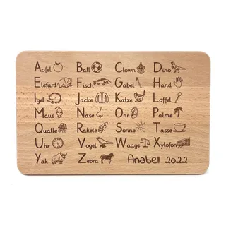 Das Frühstücksbrett aus Buche Holz zum Lernen - Geschenkidee zum Schulanfang (ABC personalisiert)