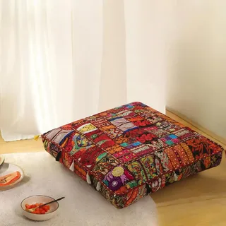 THE ART BOX 88 x 88 x 12 cm, Vintage-Patchwork, großes Outdoor-Kissen, großes Hundebett, Gartendekoration, Bodensitzkissen, Boho-Dekorationskissen (nur Bezug)