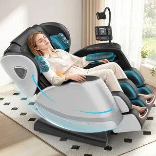 Gegcucey Ganzkörper Massagesessel mit Rollen & Airbags für Massage, Zero Gravity mit Bluetooth Lautsprecher und Touchscreen, Heizfunktion für Taille & Beine, mit Fußmassage für Hause/Büro (Hellgrau)