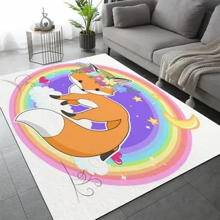 Fuchs Teppich Schlafzimmer rutschfeste FußMatte Waldtiere Kinderteppich Dekoration Carpets Teenager Kurzflor Flanell Teppiche Home Spielteppiche für Wohnzimmer 120x160 cm