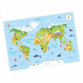 nikima - Kinder Weltkarte 3D in 3 Größen A3/ A2/ A1 Poster Plakat Tiere Erde Wandbild Kinderzimmer schöne Wanddeko Kontinente niedliche Tiere - DIN A2-594 x 420 mm