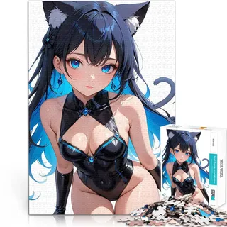 Puzzle 2000 Teile für Erwachsene Lustige Spiele Anime-Katzenmädchen im schwarzen Bodysuit – Blue Series Collection 01 Kunstwerk Geschenk70x100cm