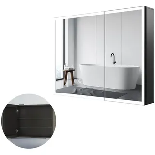WDWRITTI Badezimmerspiegelschrank mit LED Beleuchtung Spiegelschrank Schwarz (80x60, 50x70, 40x60cm, Alu-Schranktür, Doppelseitiger Spiegel, 2Touch, Anti-fog, 3Lichtmodi, Dimmbar, Memory) mit Netzadapter, Verstellbare Glasboden schwarz 80 cm x 60 cm x 13.5 cm
