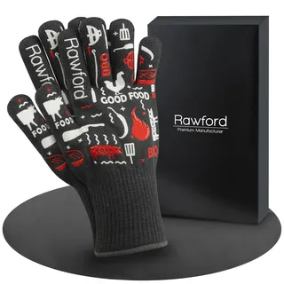 Rawford Grillhandschuhe hitzebeständig – Grillhandschuh & Grill Handschuhe mit Silikon-Grip – feuerfeste Handschuhe Kamin, BBQ- und Ofenhandschuhe Größe S mit Aufhängschlaufe & Innenfutter
