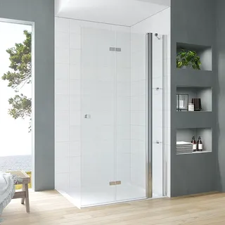 Walk in Duschglas 85 cm Duschabtrennung faltbare Duschwand für Ebenerdige Dusche Duschtür mit Festteil und Eckregalen Falttür Drehfalttür Sicherheitsglas 5 mm klar | Öffnungsseite OHNE Wandprofil