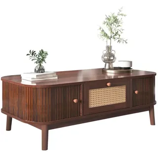 EXTSUD Couchtisch Rattan-Couchtisch mit Massivholzbeinen und Stauraum – Landhausstil, mit Massivholzlatten, Massivholzbeine, Natürlicher Landhausstil beige