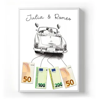 codiarts. Personalisiertes Geldgeschenk Poster – optional mit Rahmen – Gastgeschenk Hochzeit mit Namen und Datum – Hochzeitsgeschenk für Brautpaar (Auto 1, DIN A4)