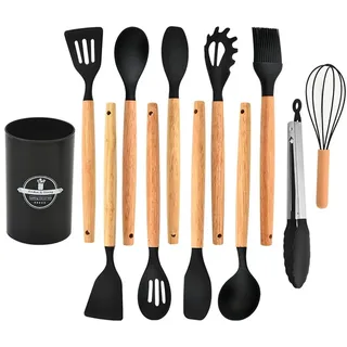 Silicone Kitchen Cooking Utensils Set,12 Stück Silikon Küchenhelfer Set,Kochutensilien Kochbesteck,Kochgeschirr mit Utensilienhalter,Pfannenwender,Löffel,Zange,Schneebesen,Backpinsel-Schwarz