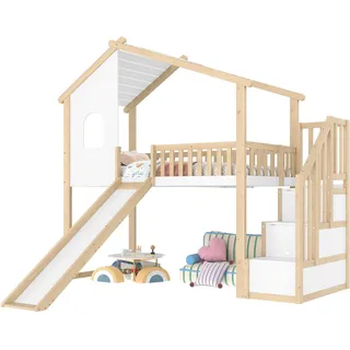 OKWISH Kinderbett Hochbett (mit Rutsche, Stauraumleiter & Fenster, Sicheres Schlafumfeld, Märchenhafte Atmosphäre, 90x200 cm), ohne Matratze weiß