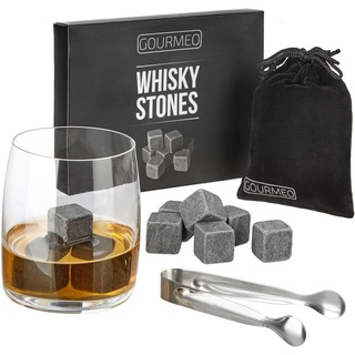 GOURMEO Eiswürfel-Steine Whisky Steine Whiskey Stones 9 Stück Set + Säckchen + Zange Kühlsteine grau
