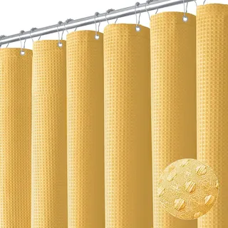 Langer Duschvorhang Aus Stoff – Neutraler, Robuster Duschvorhang Mit Waffelmuster Für Badezimmer – Strapazierfähig, Mit 12 Haken, 180 X 200 Cm, Gold
