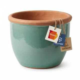 Teramico Pflanztopf Farmer aus Keramik frostfest (Grün, 27cm x 21cm) | Massiver und handglasierter Blumentopf: in verschiedenen Farben und Größen erhältlich, mit integriertem Abwasserloch.