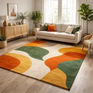 YEGRFJIS Moderner Teppich Waschbar rutschfest Organische Formen 130x180cm Weiche Bodenmatte Orange Grün Gelb Wohnzimmer Schlafzimmer Kurzflor Kaschmir-Optik