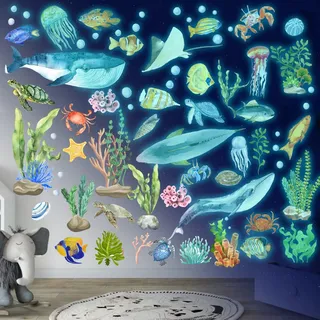 Meerestiere Wandtattoo Leuchtend Wandsticker Leuchtaufkleber Ozean Fluoreszierend Wandaufkleber Aufkleber Unterwasserwelt Meereswelt Leuchtaufkleber Für Kinderzimmer Dekorative Aufkleber Blau