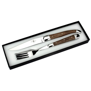 Forge de Laguiole - Set ein Steakmesser und eine Gabel - Griff Nussbaumholz - Besteck Frankreich - Stahl hochglanz