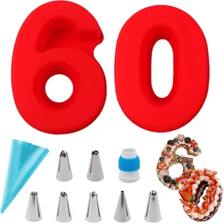Wondora Groß Kuchenform Zahlen, Backform Zahlen Kit 60, Antihaftend Silikon Backform Zahlen, 9 Stück Spritzbeutel mit Tüllen Set, Zahlentorte Backform für Hochzeit Jahrestag, Geburtstagstorten Partys