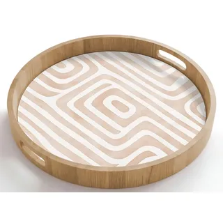 OnlyWow Tablett Rund mit Henkel Dekorativ - Labyrinth - Beige, Eichenholz, (1-tlg), Servierbrett Groß, Tischdeko, Platte, Tisch Deko beige 50 cm x 50 cm x 5 cm