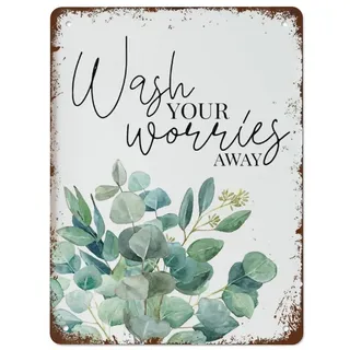 Wash Your Worries Away Eukalyptus Badezimmer Druck Badezimmer Wandkunst Badezimmer Schild Badezimmer Wanddekoration Botanische Wohnkultur Beste Vintage Fun Metallschilder, perfekt für Bar-Poster, 20,3