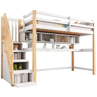 Odikalo Kinderbett Hochbett Stauraum Treppe Kiefernholz Schreibtisch Regalen weiß/natur