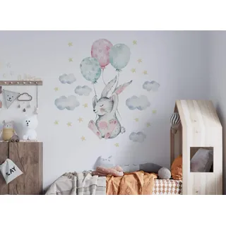 Wandtattoo Hase mit Luftballons I Wolken Kinderbilder Junge Kinderzimmer Mädchen Aufkleber Osomhome os8871 (105x110cm)