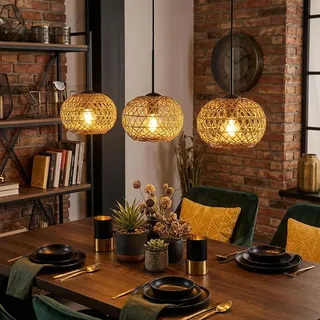 HOFSTEIN Hängeleuchte Mulstrand, 3-flammige Hängelampe aus Metall/Papiergeflecht in Schwarz/Natur, moderne Pendelleuchte im Boho/Vintage-Design (Schirme Ø 20 cm), E27, Esszimmer, Küche, Wohnzimmer