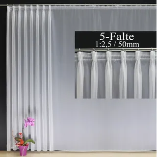 EASYHomefashion Fertiggardine nach Maß Voile Store weiß, maßgefertigt, halbtransparent mit 5er-FALTENBAND. Größe wählbar (Höhe 80-295 cm, Breite 225-1250 cm), Variante 260 x 625 cm (HöhexBreite)