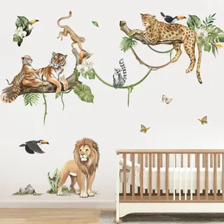 Wandtattoo Dschungel Tiere - Wandaufkleber Safari - Wanddekoration Kinderzimmer - Wandsticker Schlafzimmer - PVC-Material - Einfach zu entfernen - Bunt