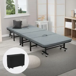 ECD Germany Gästebett 90x200 cm, Klappbares Einzelbett, Klappbett mit Matratze/Polster, Reisebett auf 8 Rädern, Stahlrahmen, Stabil bis 200 kg belastbar, Tragbares Metallbett für Kinder & Erwachsene