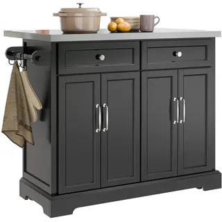 SoBuy Kücheninsel mit ausziehbarer Edelstahlplatte & Rollen, 115×92×46-71cm