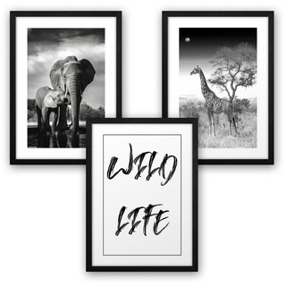 Kreative Feder Poster, Afrika, Savanne, Elefant, Giraffe, Natur, Landschaft, Tiere (Set, 3 St), 3-teiliges Poster-Set, Kunstdruck, Wandbild, optional mit Rahmen, wahlw. in DIN A4 / A3, 3-WP059
