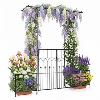 HOMASIS Rosenbogen mit Tür, Metall Gartenbogen mit Rankgitter & 2 Pflanzkästen, Gartentor stabil wetterfest, Rankhilfe für Kletterpflanzen, Spalier Torbogen für Hochzeit Garten Partys (200x56x206cm)