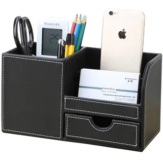 KINGFOM Büro Schreibtisch Organizer Ordnungssystem 4 Speicherabteil PU Leder Stiftebox Stifteköcher Bürobedarf (Schwarz)