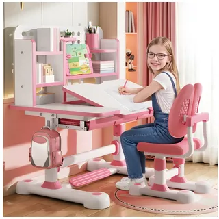 Rutaqian Kinderschreibtisch Kinder-Schreibtisch- und Stuhl-Set,Höhenverstellbar mit Sitzkorrektur (Multifunktionsschreibtisch mit Leseständer,Schublade,Rucksackhaken, 1-St., Ergonomischer Schreibtisch-Stuhl Set,Zonenförmig gestalteter Stauraum), Verstellbarer Schreibplatte, Kinder Schreibtisch für Jungs & Mädchen rosa