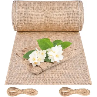 Cieex Jute Tischläufer, 20cm x 10m Juteband Tischband,100% Natur Juteläufer Jutestoff mit 20m Jute-Schnur für Hochzeit, Bauernhaus Party, Beige Rustikale Tisch Dekoration