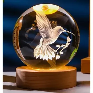 Hekasvm 3D Kristallkugel mit LED-Licht, Schneekugel Nachtlicht Deko mit Holzsockel, Leuchten Lasergeätzte Kugel Lampe, Stilllicht Nachttischlampe, Glaskugel Deko für Basteln Geschenk (Kolibri)