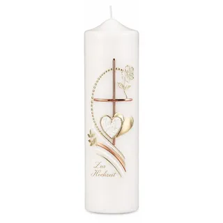 Hochzeitskerze Stumpenkerze mit Kreuz, Herz & Schmetterlingen mit Namen & Datum - Weiß