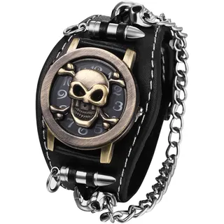 JewelryWe Totenkopf Uhren Herren Leder: Analog Quarz Armbanduhr Gothic Punk Schädel Patronenhülse Gewehrkugel Panzerkette Uhr mit Breit Leder Armband