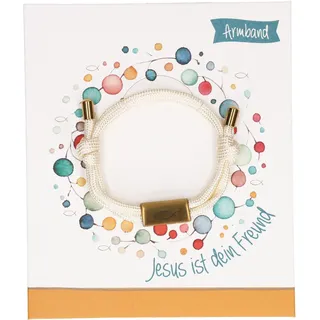 Hellbeiges Textilarmband mit goldfarbenem Fisch-Anhänger: Jesus ist dein Freund: Christlicher Schmuck zur Kommunion, Taufe oder Geburtstag. Kinderarmband in Geschenkverpackung